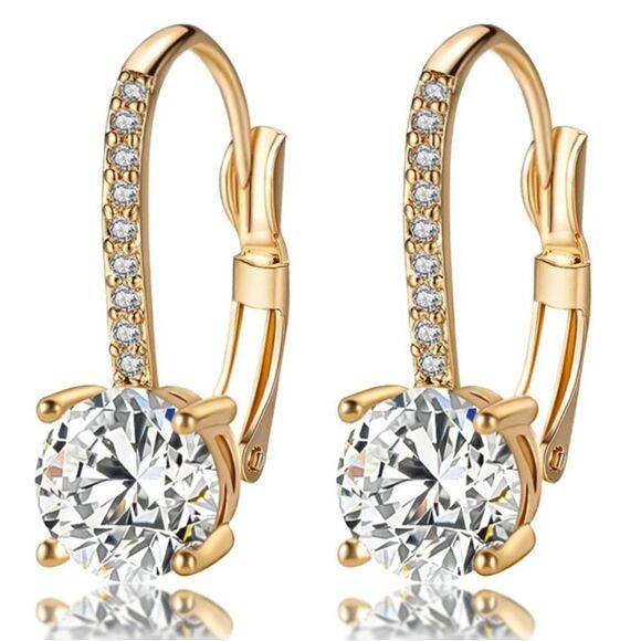 18K Yellow Gold with White Diamond Cubic Zirconia Leverback Dangling Earrings - Picture 1 of 6